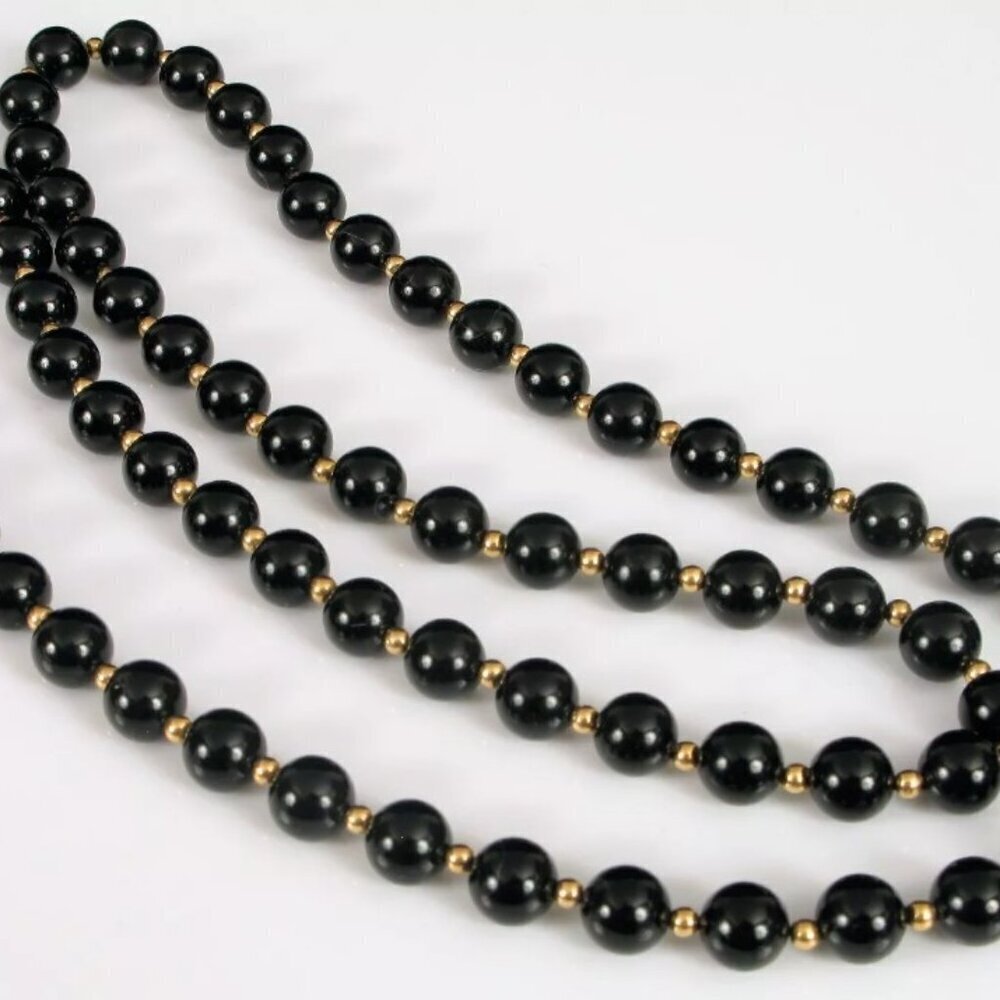 VICTORIAN BLACK ONYX &14K Yellow GOLD Beaded STRAND Necklace Antique f/ 1800's - Picture 2 of 8